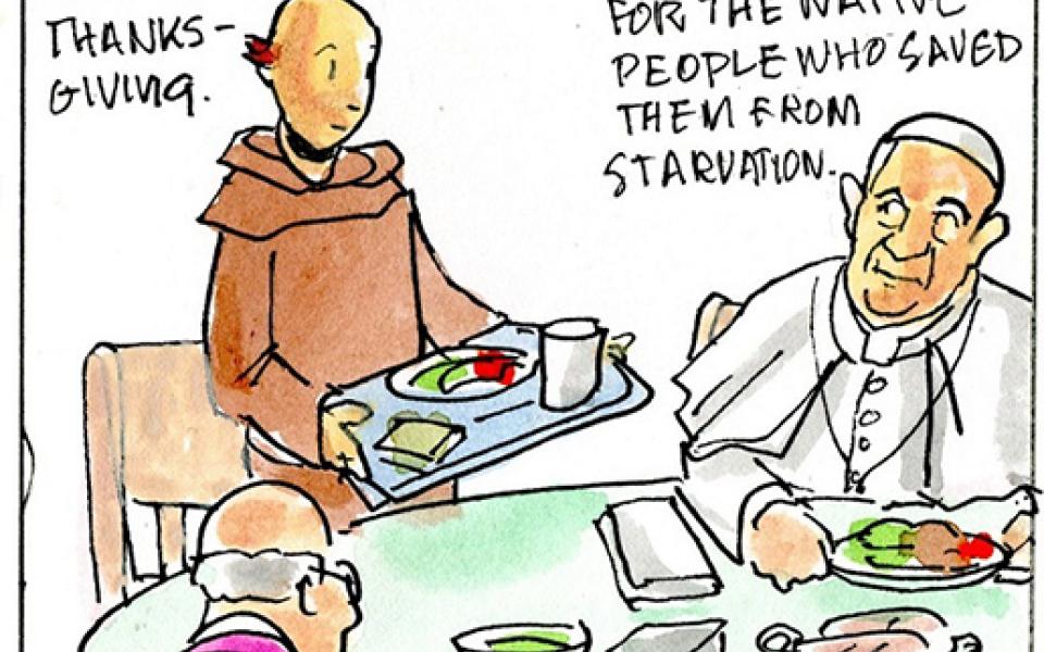 Francis, the comic strip: Brother Leo and Francis discuss the complicated history of America's holiday.