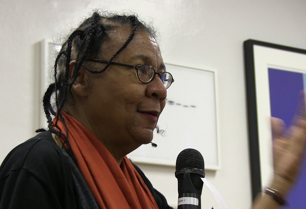 The late bell hooks is pictured at a talk in October 2014 at The New School in New York City. (Wikimedia Commons/Alex Lozupone, CC by SA 4.0)
